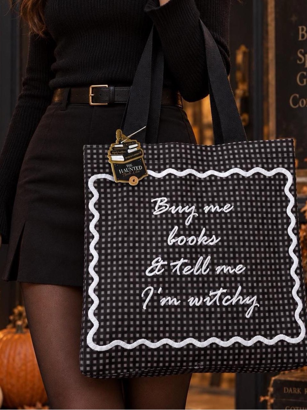 The Haunted Book Club Witchy Books Black Check Tote Bag